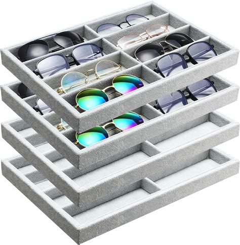 Batiyeer 4 Pcs Sunglasses Organizer Storage Tray 8 Grids