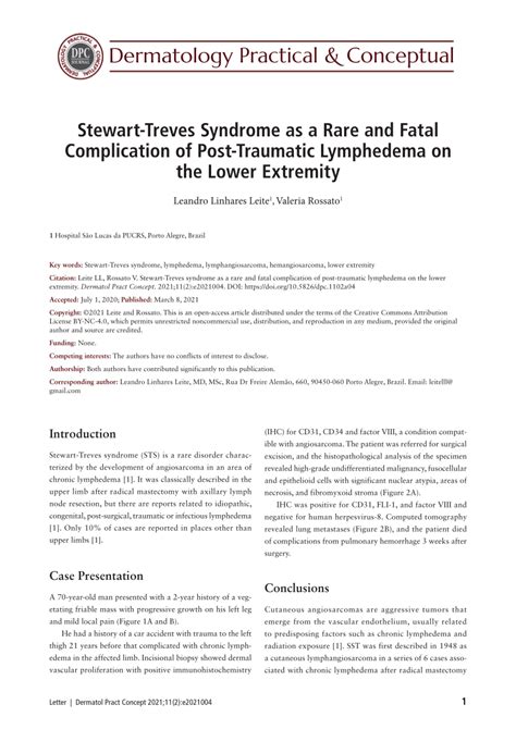 Pdf Stewart Treves Syndrome As A Rare And Fatal Complication Of Post