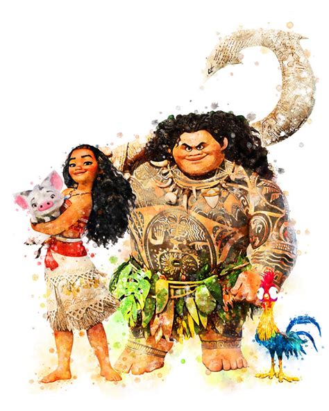 Moana Print Disney Princess Moana Maui Heihei Pua Watercolor Etsy