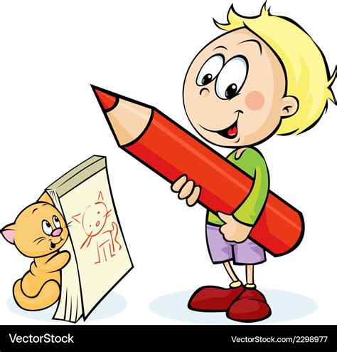 Boy with red pencil drawing cat Royalty Free Vector Image