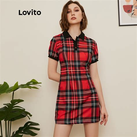 Lovito Preppy Plaid Button Front Draw Back Collar Dress L19E012 Red