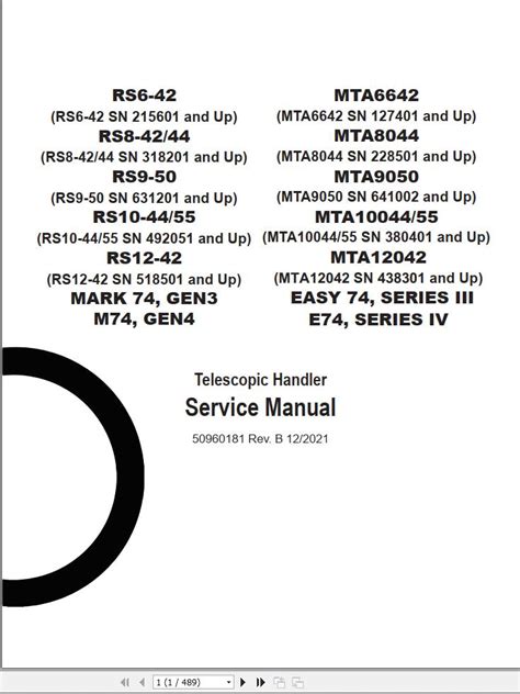 GEHL Telescopic Handlers RS6 42 To EASY 74 Series IV Service Manual