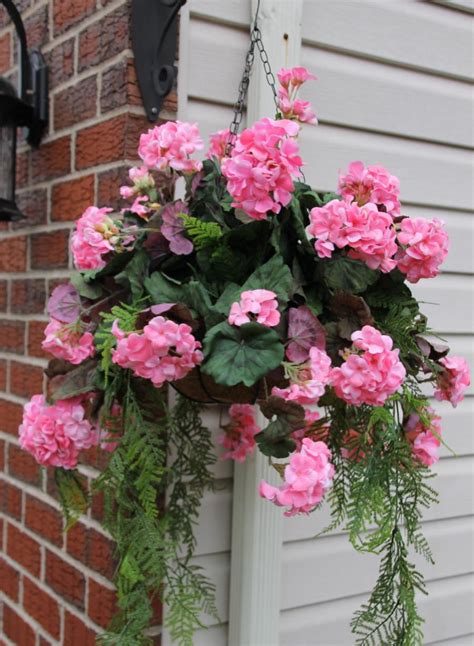 Elegant Pink Geraniums And Ferns Silk Hanging Plant