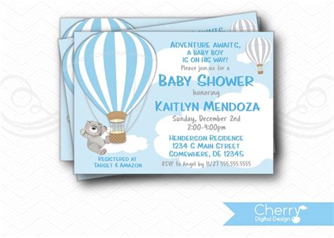 Teddy Bear Hot Air Balloon Boy Baby Shower Invitation Etsy