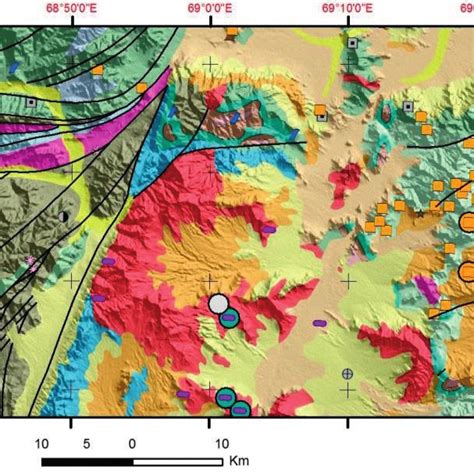 Map showing the mineral and structural information of the study area ...