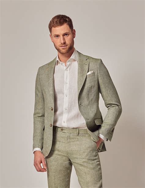 Mens Green Semi Plain Linen Tailored Fit Italian Suit 1913