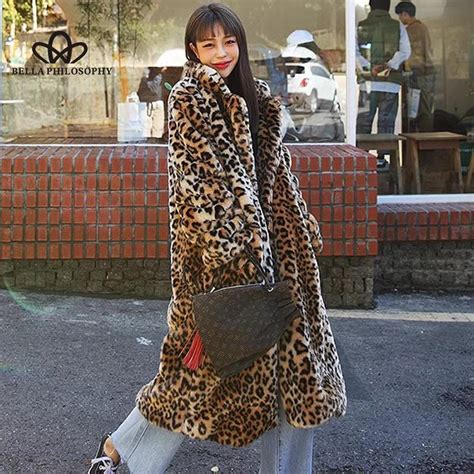 Cheap Fashionable All Match Lapel Leopard Print Faux Fur Coat Mid