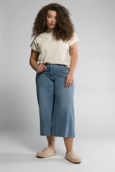 Wide Leg Elastic Waistband Denim Culottes Blue Denim Ulla Popken