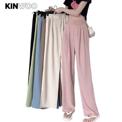 Kinwoo Suit Pants High Waist Slimming Elastic Waist Vertical Leg Pants