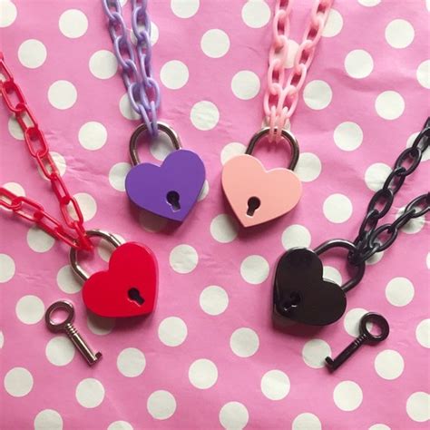 Love Heart Lock Chunky Chain Necklace in Pastel Pink Black | Etsy