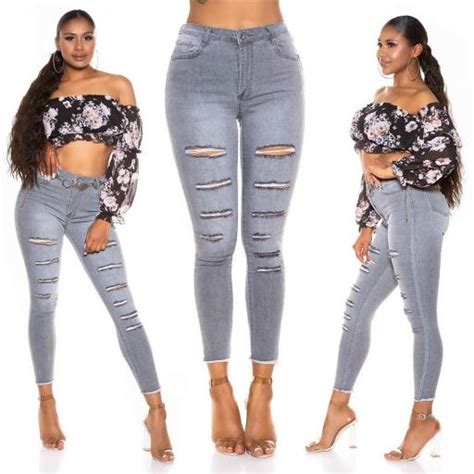 Comprar Jeans Grises Rasgados Sexy Ajustados Vaqueros Ajustados