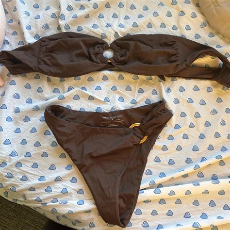 Away That Day Brown Bandeau Bikini With Gold Depop