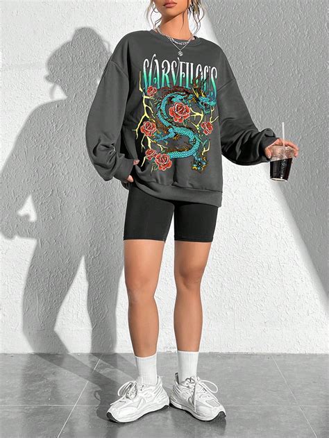 Shein Coolane Letter And Chinese Dragon Graphic Drop Shoulder Oversize