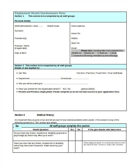 Free Sample Employment Questionnaire Forms In Pdf Ms Word