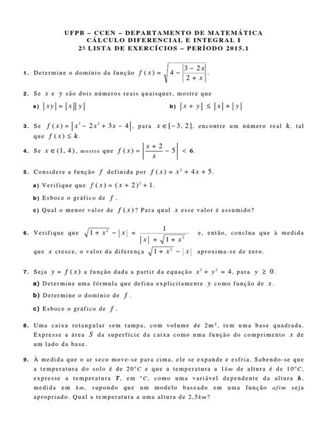 Funções Matemáticas Exercícios De Cálculo Diferencial E Integral Pdf