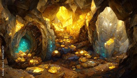 Fantasy setting gold mine tunnel with glittering gold, colorful jewels ...