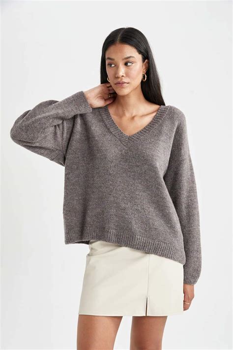 Beige Woman Relax Fit V Neck Pullover Defacto