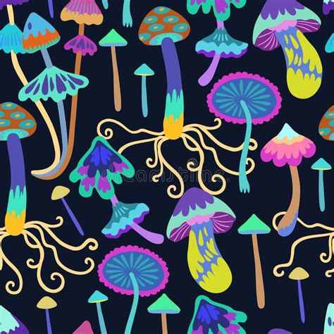 Seamless Pattern With Psychedelic And Fairy Colorful Mushrooms Vector