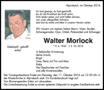 Traueranzeigen von Walter Morlock Schwarzwälder Bote Trauer