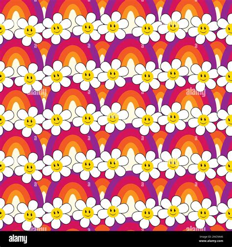 Seamless Pattern With Smile Daisy Flower Cartoons And Rainbows