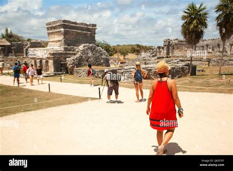 Visitors In Front Of The Temple Of Frescoes Templo De Los Frescos At