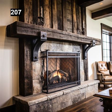 Warm Looking Reclaimed Wood Beam Fireplace Mantel With Iron Corbels