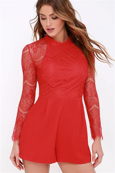 Red Romper Long Sleeve Romper Lace Romper 5900 Lulus