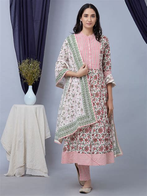 Buy Pink White Hand Block Printed Cotton Suit Set Of 3 SB00058 S