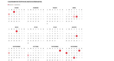 Calendario laboral Extremadura 2025 días festivos y puentes Descubre