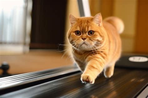 Premium Photo | Fat cat runs on treadmill in gym