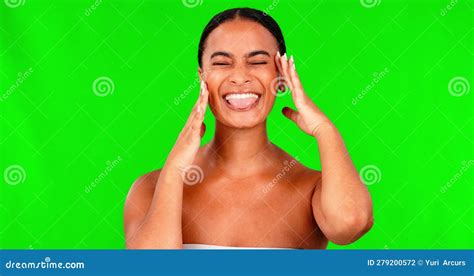 Green Screen Happy Woman And Funny Face With Tongue For Beauty