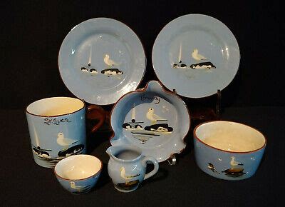 Pieces Blue Babbacombe Torquay Redware Pottery With Seagull Devon