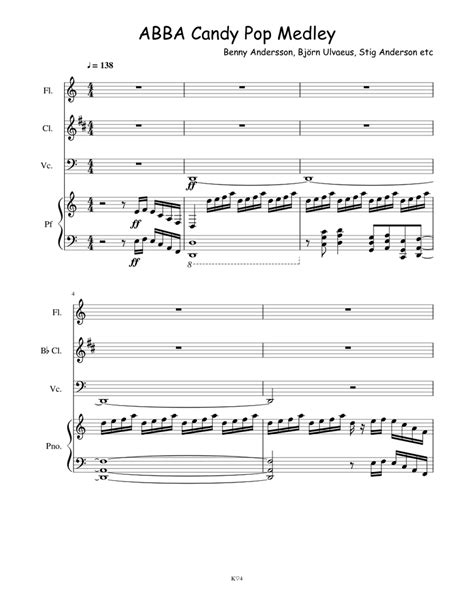 Abba Medley Sheet Music For Piano Flute Clarinet In B Flat Cello