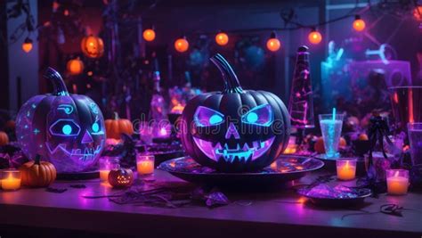 Halloween Party with Holographic Decorations and Neon Lights. Image is ...