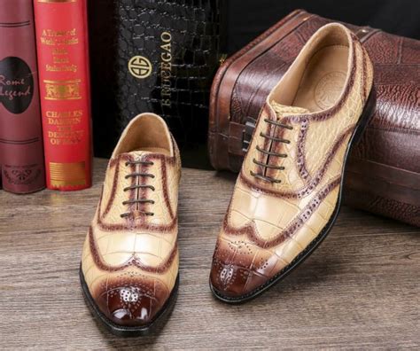 Mens Alligator Leather Wingtip Brogue Oxford Leather Lined Perforated Dress Shoes