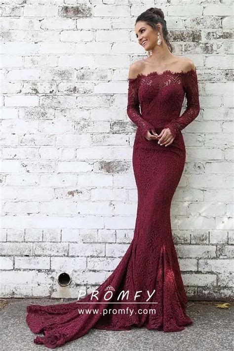 Feminine Burgundy Lace Elegant Off The Shoulder Long Sleeve Mermaid