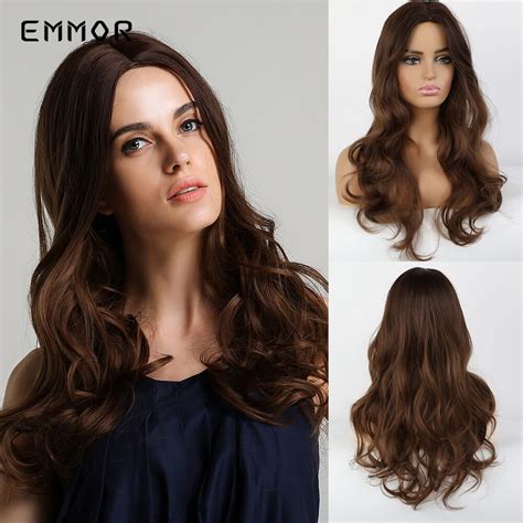 Emmor Long Brown Ombre Synthetic Wigs With Bangs L Grandado