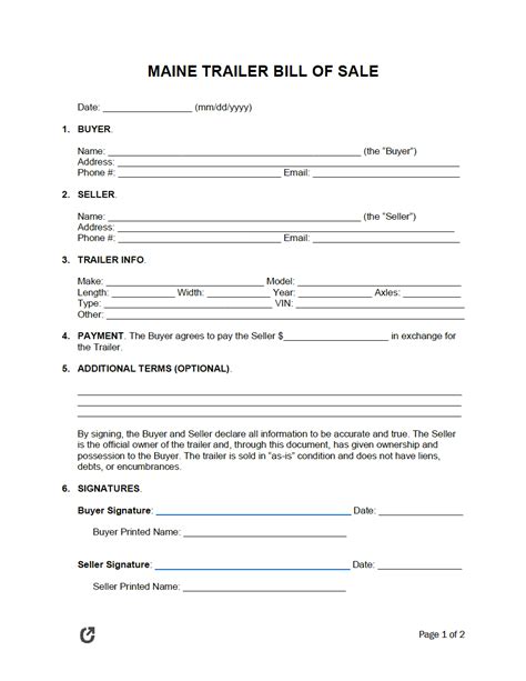 Free Maine Trailer Bill Of Sale Form Pdf Word Rtf