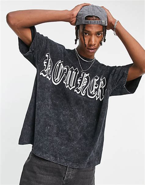 Topman Extreme Oversized T Shirt With Raised Nowhere Print In Washed Black Asos