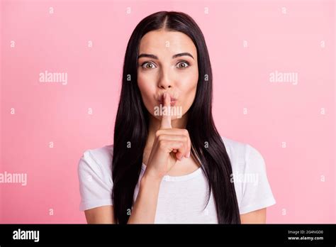 Portrait Of Optimistic Brunette Lady Finger Mouth Wear White T Shirt