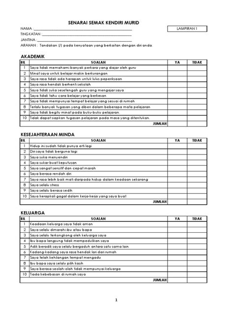 Senarai Semak Kendiri Murid Pdf