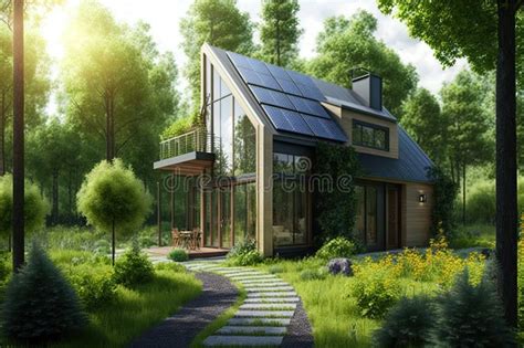 Eco Friendly House With Solar Panels And Garden Surrounded By Lush