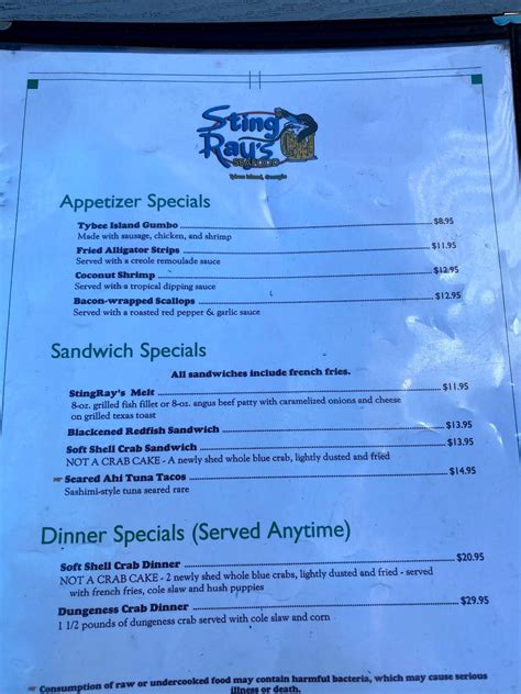 Menu at Sting Ray's Seafood pub & bar, Tybee Island