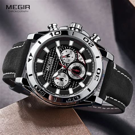 Megir Men S Army Sports Chronograph Quartz Watches Leather Strap