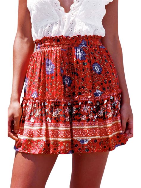 Womens Summer Boho Cute High Waist Ruffle Skirt Floral Print Swing