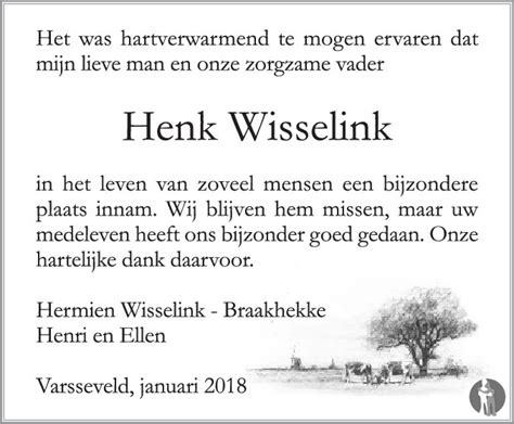 Hendrik Johan Henk Wisselink 20 11 2017 Overlijdensbericht En