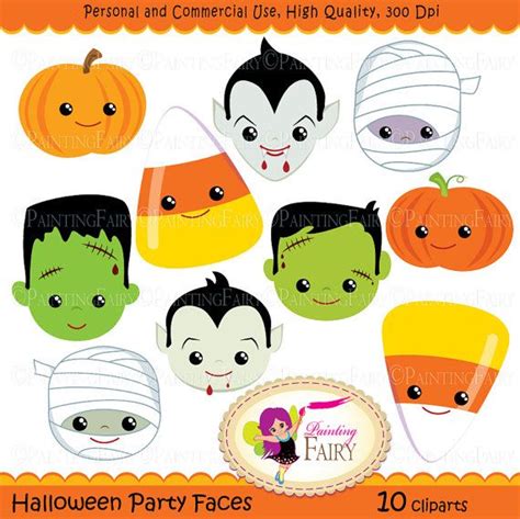 Halloween clipart Halloween Party Faces by PaintingFairyClipart, $4.99 Kawaii Halloween, Moldes ...