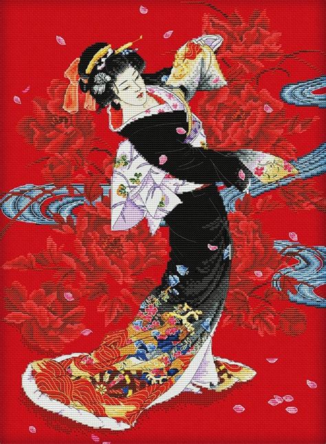 Japanese Geisha Cross Stitch Pattern Woman Red Black Flowers Etsy