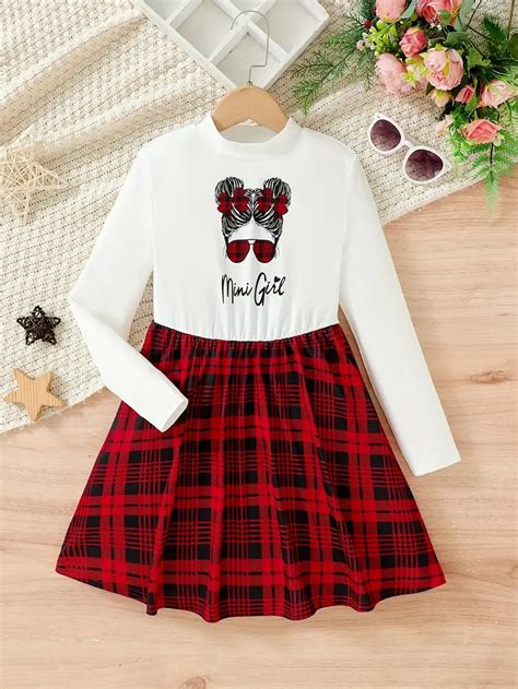 Girls Splicing Plaid Cartoon Girl Print Long Sleeve Dress Temu Canada