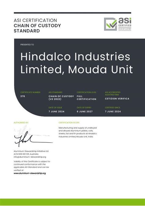 ASI Certifies Hindalco Industries Ltd Mouda Unit Against Chain Of